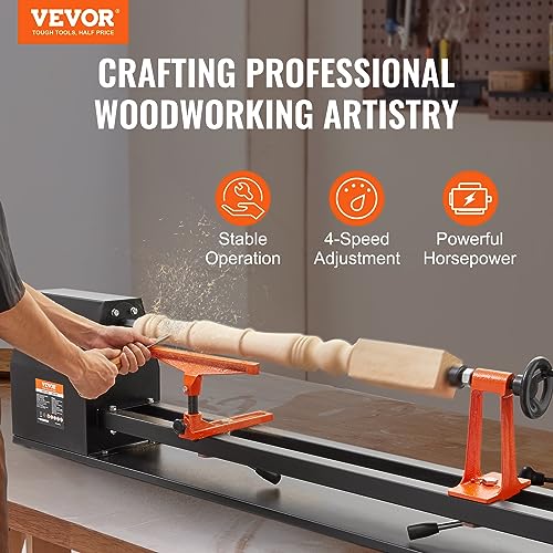 VEVOR Wood Lathe, 14 in x 40 in, 4 Speed Adjustable 885/1245/1715/2425 RPM 0.5 HP 370W Power Wood Turning Lathe Machine with Chisels Faceplate Plastic Handle Hex Wrench for Woodworking - size: 14" x 40"-0.5HP