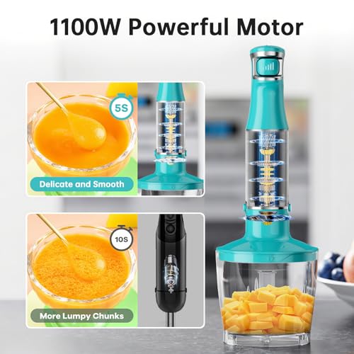 Turelar Immersion Blender Handheld 5 in 1 Hand Blender Set 1100W Heavy Duty - color: Cyan Blue, size: 5 in 1