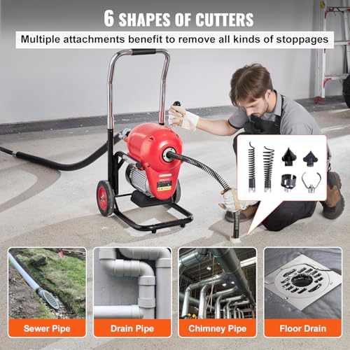 VEVOR Drain Cleaner Machine 120FT x 6/5 Inch, 1100W Electric Sewer Snake Auger Manual Feed - with 6 Cutters and CW/CCW Control for 4" to 8" Pipes - style: 120Ft x 6/5Inch & 6 Cutters