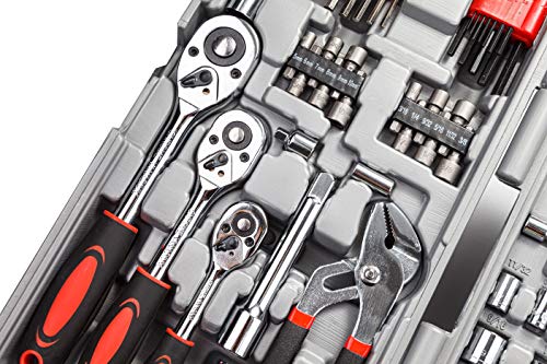 CARTMAN 205-Piece Ratchet Wrench Tool Set, SAE/Metric Socket Kit Carry Case | Professional ratchet wrench and socket assortment for car jobs, mechanics, DIY projects, home fixes, and general maintenance. - style: 205 PC