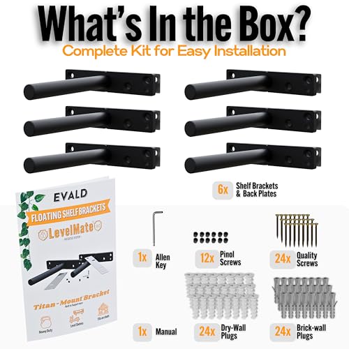 EVALD LevelMate™ Titan-Mount 4 Inch Floating Shelf Brackets, Heavy Duty Hidden Shelf Brackets for Floating Shelves, Black Carbon Steel Shelf Supports with Screws & Anchors (6 Pack) - size: 4 Inch, style: 6 Pack Titan-mount