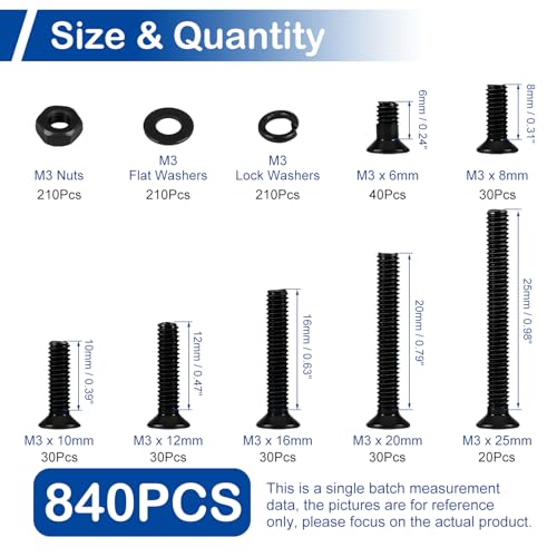 840Pcs M3 Countersunk Screws Assortment Kit with Nuts and Washers (6-25mm) - size: M3 x 6-25mm Kit