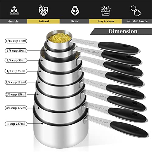 16 Pieces Measuring Cups and Magnetic Measuring Spoons Set Stainless Steel,8 Measure Cups with Silicone Handle and 7 Double Sided Magnetic Measure Spoons & 1 Leveler