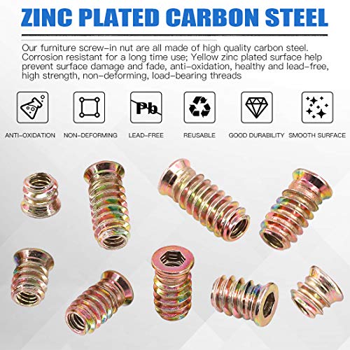 Glarks 50Pcs 1/4"-20x15mm Threaded Inserts Nuts Zinc Plated Carbon Steel Hex Socket Drive Furniture Flanged Screw-in Nut with M6 Hex Wrench for Wood Furniture (1/4"-20 x 15mm) - size: 1/4"-20 x 15mm