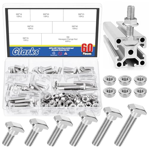 Glarks 120pcs M8 T Slot Drop-in Bolt with Hexagon Flange Nut Set, 16/20/25/30/35/40MM Hammer Head T-Bolt, T Shape Stud Sliding Screw Assortment Kit - size: M8