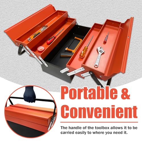 YATOINTO Metal Cantilever Tool Box, 18" * 8" * 8" Fold Out Tool Organizer with 3 Layers & 5 Trays, Portable Storage for Home, Studio, Auto Repair & Factory (Orange)