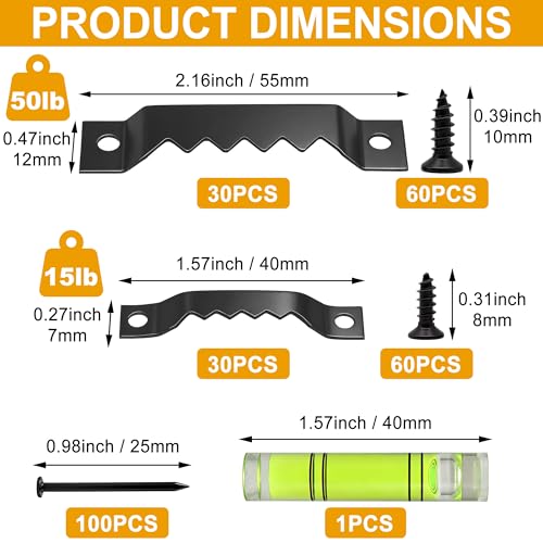 281 Pcs Sawtooth Picture Hangers,Small & Heavy-Duty Wall Hanging Kit,Include 60 Sawtooth Picture Frame Hangers,120 Screws and 100 Nails,Level,2 Sizes for Photo Frame Hooks,Art,Canvas,Picture Hanging