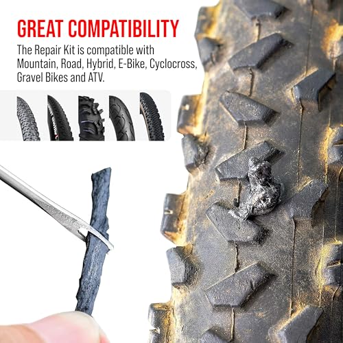 PRO Bike Tool Tubeless Bike Tyre Repair Kit – for MTB and Road Bicycle Tyres – Fix a Puncture or Flat, Fast – Tackle Set Includes Storage Canister, Plugger Tool and Plugs - color: Red
