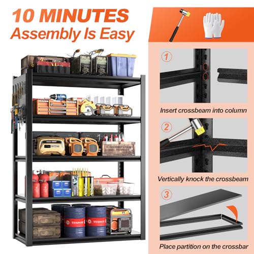Metal Garage Shelving Unit, Heavy Duty Adjustable Industrial Storage Shelves, Steel Storage Rack for Garage, Warehouse, Basement, Black, 72" H x 47.2" W x 23.6" D, 1 Pack - size: 72"H x 47.2"W x 23.6"D