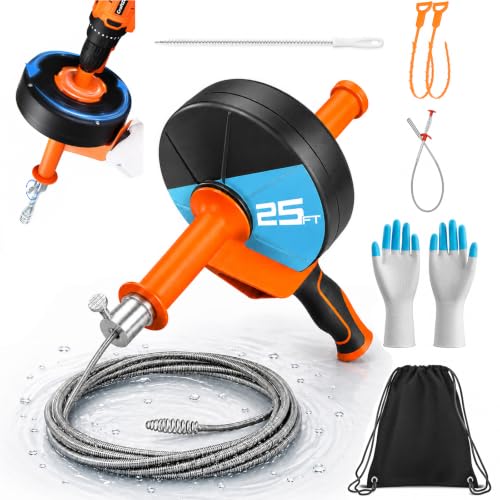 25FT Drain Auger with Drill Adapter, Plumbing Snake Clog Remover for Sinks