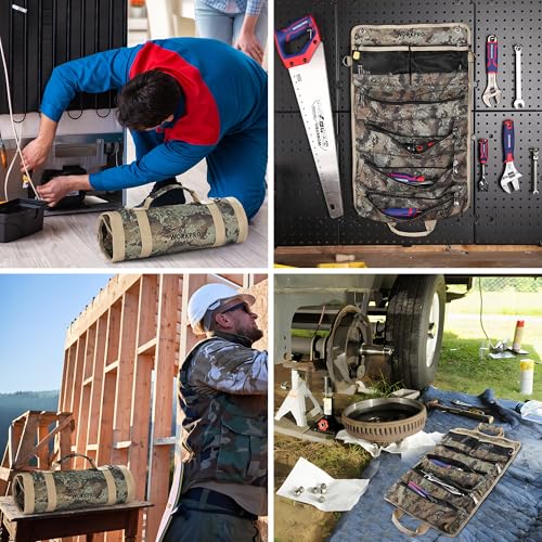 WORKPRO Camo Roll Up Tool Bag, 6-Pocket Organizer with Detachable Pouches - color: Camo