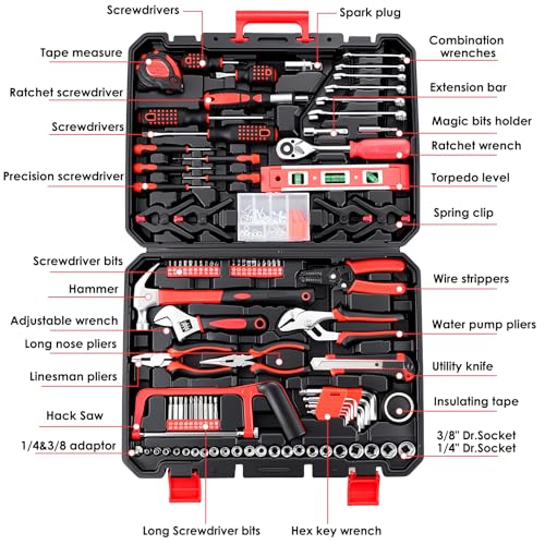 TLGREEN 198 Piece Tool Set, Tool Kit for Home,Basic Tools with Tool Box, Screwdrivers,Socket Adaptor,Adjustable Wrench,Pliers, Household Hand Tool Set for Car,Truck,Bicycle, Home, Dorm, Garage