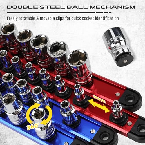 8-Piece Magnetic Socket and Wrench Organizer Set, Metric & SAE, 1/4", 3/8", 1/2" Drive Socket Rail, 24-Slots Wrench Holder with Non-Slip Handle for Toolbox Drawer Storage (Socket Wrench not Included) - style: 8-Piece High-Capacity Combo