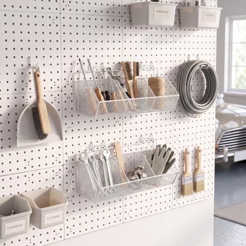 Hicarer 2 Pcs Divided Pegboard Baskets with 4 Hooks, 3 Grid,White | White, Wall Mount, Metal Peg Board Organizer Accessories, Pegboard Baskets, Workbench Bathroom Garage Storage, Rust Resistant - color: White