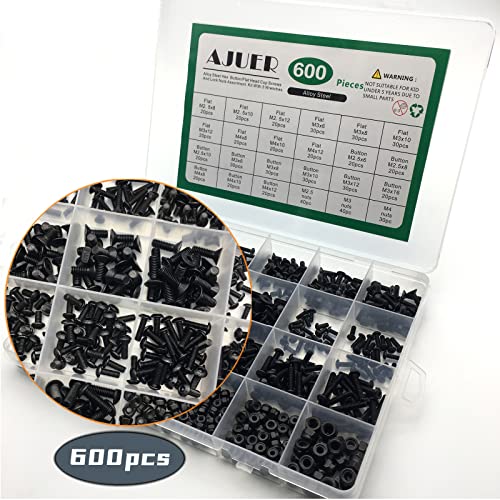 600pcs Metric Bolt Assortment M2.5 M3 M4 Alloy Steel Hex Button and Flat Head Cap Machine Screws and Lock Nuts RC Screw Kit Black Zinc Plating - size: black 600pcs hex buton haed