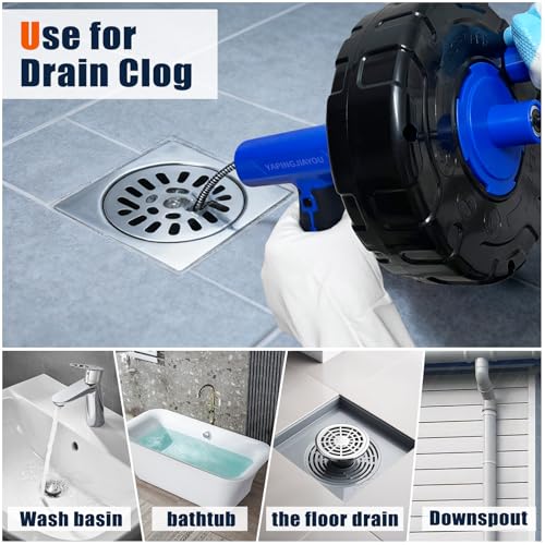 33-Feet Drain Snake Auger Kit, Plumbing snake, Manual or Electric drain snake with Auto-Retract/Feed, for Kitchen, Bathroom, Shower, and Floor Drain sauger，Include Gloves Storage Bag etc (Blue) - color: Blue Black