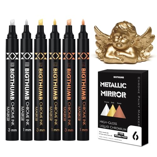 BIGTHUMB 6Pcs Liquid Chrome Paint Markers, Dual Tips Gloss Mirror Marker, Oil-based Permanent Chrome Maker, Reflective Metallic Pen Markers for Repairing, Model Painting DIY Art Projects - style: 6PCS Silver, Gold, Bronze