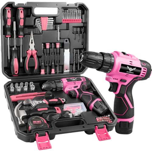 JENABOM Drill Set, 151-Piece Home Tool Set with 12V Pink Cordless Drill - color: Pink