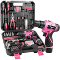 JENABOM Drill Set, 151-Piece Home Tool Set with 12V Pink Cordless Drill - color: Pink