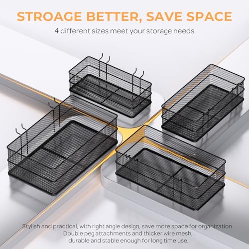 INCLY 4 Pack Upgrade Pegboard Baskets, 4 Sizes Square Metal Mesh Basket - color: Black