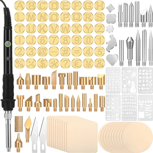 Lothee 136 Pcs Wood Burning Kit for Adults Beginners, Adjustable Temperature Pyrography Pen Set with Alphabet Number Tips, Stencils & Wood Chips, DIY Wooden Burner Tool for Embossing Carving