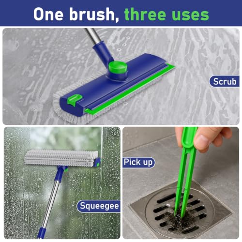 Floor Scrub Brush with Long Handle & Squeegee for Bathroom - color: Blue