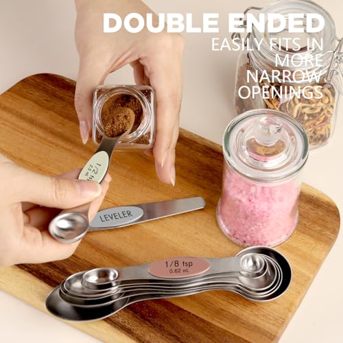 ChefAide Set of 8 Magnetic Measuring Spoons, Stainless Steel, Dual Sided - color: Multicolor-7, size: Magnetic Measuring Spoons