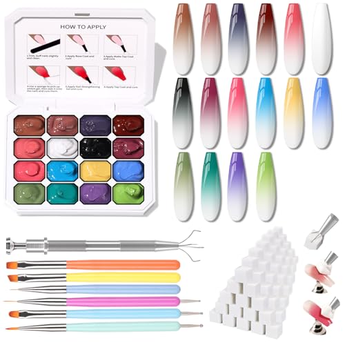 Sponges Pat Gel Nail Polish Palette, 16 Colors Blending Ombre Gel Polish Set Patting Gradient Painting Nails Art, No Wipe, UV/LED Cured, 100Sponges 6Brushes 1Grabber Tools Kit (Set 02) - color: 16 Colors i