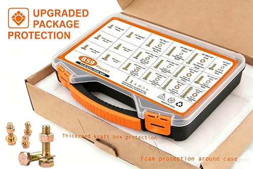 859PCS Grade 8 SAE Bolt Assortment Kit with Storage Box, Heavy-Duty Yellow Zinc Plated Alloy Steel Hex Bolt Set, Nuts with Flat & Lock Washers (1/4-20,5/16-18,3/8-16,1/2-13) for Home Improvement - size: 859pcs 1/4-20,5/16-18,3/8-16,1/2-13