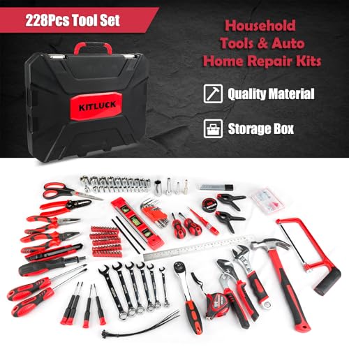 KITLUCK 228-piece Home Tool Kit, Household Hand Repair Tool Set for men, Portable Tool box Set with Tools (Screwdriver, Wrench, Plier, Socket, Harmer, Hex Key, Rule, Saw, Knife, etc.) for Home and Car - size: 228Pcs