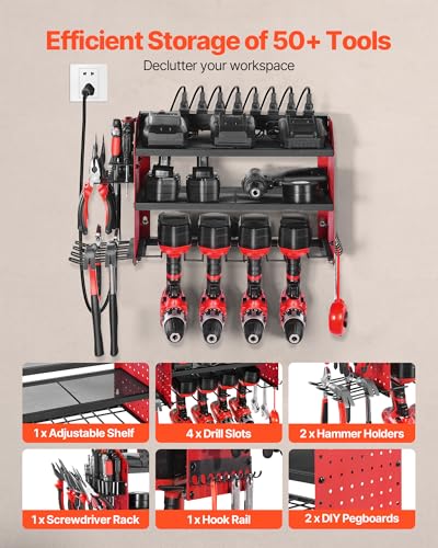 VEVOR Power Tool Organizer with Charging Station, 3-Layer Drill Storage Rack with 4 Drill Holders & Side Pegboard, Garage Tool Organizer Built in 8 Outlet Power Strips for Garage, Workbench, Workshop - size: 3-Layer 4 Drill