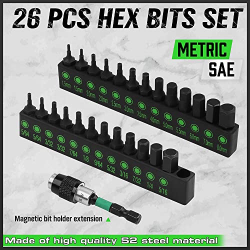 SWANLAKE 26-Piece Hex Head Allen Wrench Drill Bit Set, 1/4Hex Shank Quick Change Bit Holder, Metric and SAE S2 Steel Hex Bits Set - style: Classic Version