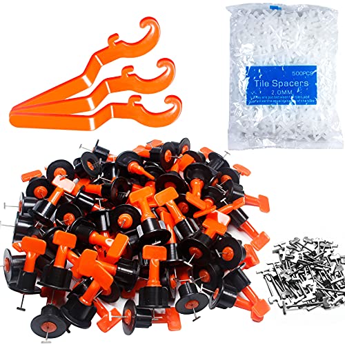 Tile Leveling System Kit,100pcs Reusable Tile Leveler Spacers+500pcs 1/12" Cross-shaped Tile Spacers+3pcs Wrench+50pcs 1/16" Replaceable Spare Steel T-Pin,Tools for Wall Floor Tile Adjustment(100) - size: 100