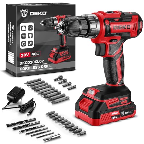 Power Drill Cordless: DEKO PRO Cordless Drill 20V Electric Power Drills Set Tool for Women with Battery and Charger 20 Volt Drills Driver Kit Red - color: Red