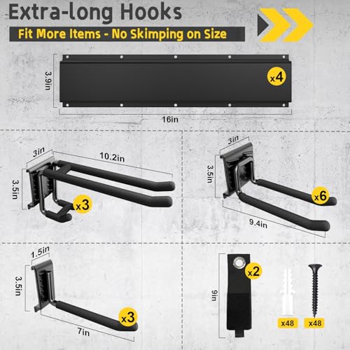 64" Garage Wall Tool Organizer, 900 Lbs Heavy Duty Steel Garden Tool Storage Rack & Garage Organization for Yard, Shed, Garage - 12 Longer & Thicker Hooks + 2 Straps - size: 64inch