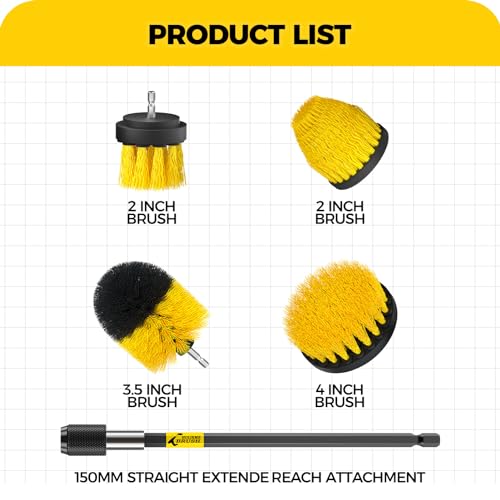 Holikme 5Pack Drill Brush Set with Extension for Car & Bath Detailing - color: Yellow