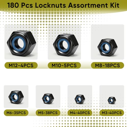 Dpyrrhic 180 Pcs Locknuts Assortment Kit,Black 304 Stainless Steel Lock Nuts Kit Metric Nylon Insert Lock Nuts Set,M3 M4 M5 M6 M8 M10 M12 Size Assortment Kit