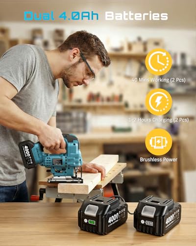 SEESII Brushless Jig Saw, Cordless Jigsaw Tool 2×4.0Ah Batteries - color: Light Blue