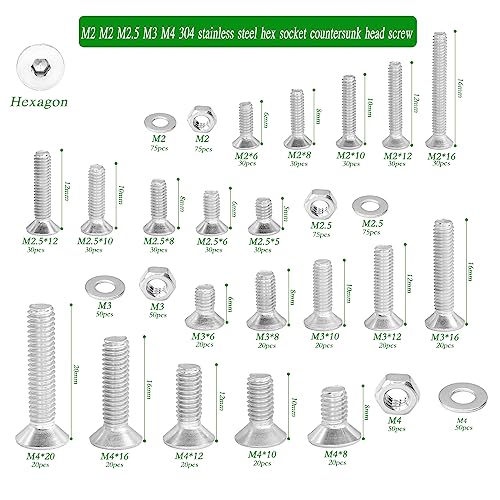 Metric 1000 Pieces M2 M2.5 M3 M4 Flat/Countersunk Head Socket Cap Screws 304 Stainless Steel Cap Bolts/Screws Nuts Washers Assortment Kit with 4Pcs Hex Wrenches - size: sllver 1000pcs hex flat haed cup screw