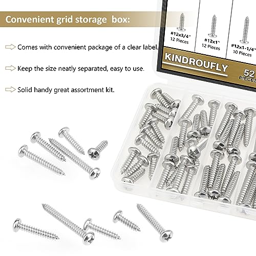 52 Pieces #12 x 3/4" 1" 1-1/4" 1-1/2" 2" Phillips Pan Head Self-Tapping Screws, Wood Screws Assortment Kit, 304 Stainless Steel - size: #12