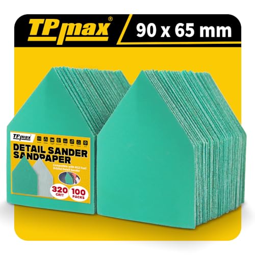 TPmax 100 Pack 90x65mm Detail Sander Sandpaper 320 Grit Compatible with Milwaukee M12 Heavy Duty Hook & Loop Anti Clogging Polyester Film Sheets - size: 320 Grit