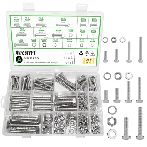 248Pcs M6 M8 M10 Screw Set Metric Bolt Assortment 304 Stainless Steel Nuts and Bolts Set Flat & Spring Washers Hex Head Cap Screws Bolts and Nuts Kit Includes 10 Common Sizes Fully Thread - size: M6 M8 M10-248Pcs