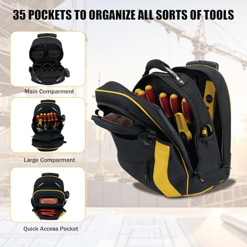 MELOTOUGH Rolling Tool Bag with Telescoping Handle 35 Pockets Wheeled Electrician Backpack Tool Bag For Men,Water Resistant Tool Storage Organizer Including Laptop Sleeve (Yellow） - color: Yellow