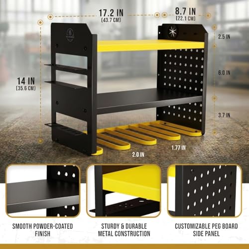 BUILTSTRONG Power Tool Organizer Wall Mount – 3-Tier Heavy-Duty Steel Rack, 4 Drill Slots, Pegboard + Utility Side, 100 lb Capacity – Garage, Workshop & Shed Storage (Yellow) - color: Yellow, size: 4 Drill Holder