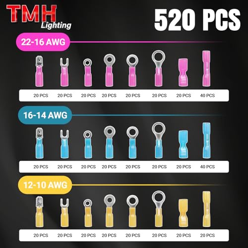 TMH 520 Pcs Crimping Tool for Heat Shrink Connectors Marine Grade Heat Shrink Wire Connectors, Waterproof Butt Connector AWG 22-10 Electrical Ring Fork Spade Splice - size: 520