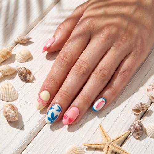 Summer Press On Nails Short Almond Colorful Starfish Fish Flower Stripes - color: Style30