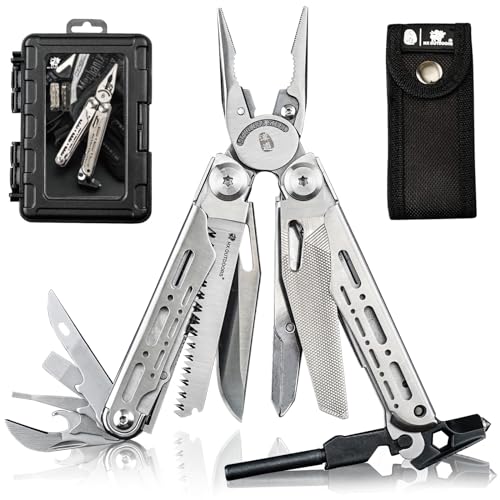HX OUTDOORS 19 In 1 Multi Tool Pocket Knife Set, Stainless Steel Multitool Pliers with Fire Starter and Glass Breaker, Folding EDC Camping Survival Tools for Men (Silver) - color: Silver