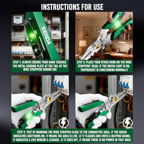 12 in 1 Foldable Wire Stripper with Electricity Measurement Function & Dual Alarms Multifunctional Professional Electrician's Pliers Cable Stripping Pliers (Green, Wire Stripper (Centre Split) 8.5") - size: Wire Stripper (Centre Split) 8.5"