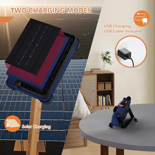 120W Solar Rechargeable Work Light, 144 LED Portable Flood Light with Stand, IP66 Waterproof 4 Modes LED Job Site Lighting Flashlights for Mechanic Camping Fishing Car Repair - color: Blue