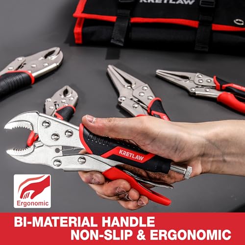 Vice Grips Pliers Set, 6-Piece Locking Pliers Set, 6-1/2”&9-1/2” Long Nose Locking Pliers, 5”, 7” and 10” Curved Jaw Vise Grip Pliers, 6” C-clamp with Rolling Pouch